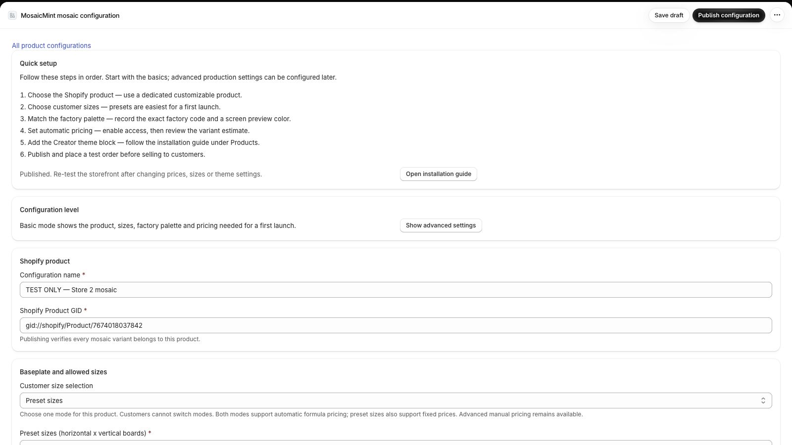 MosaicMint quick setup, product identifier and preset sizes