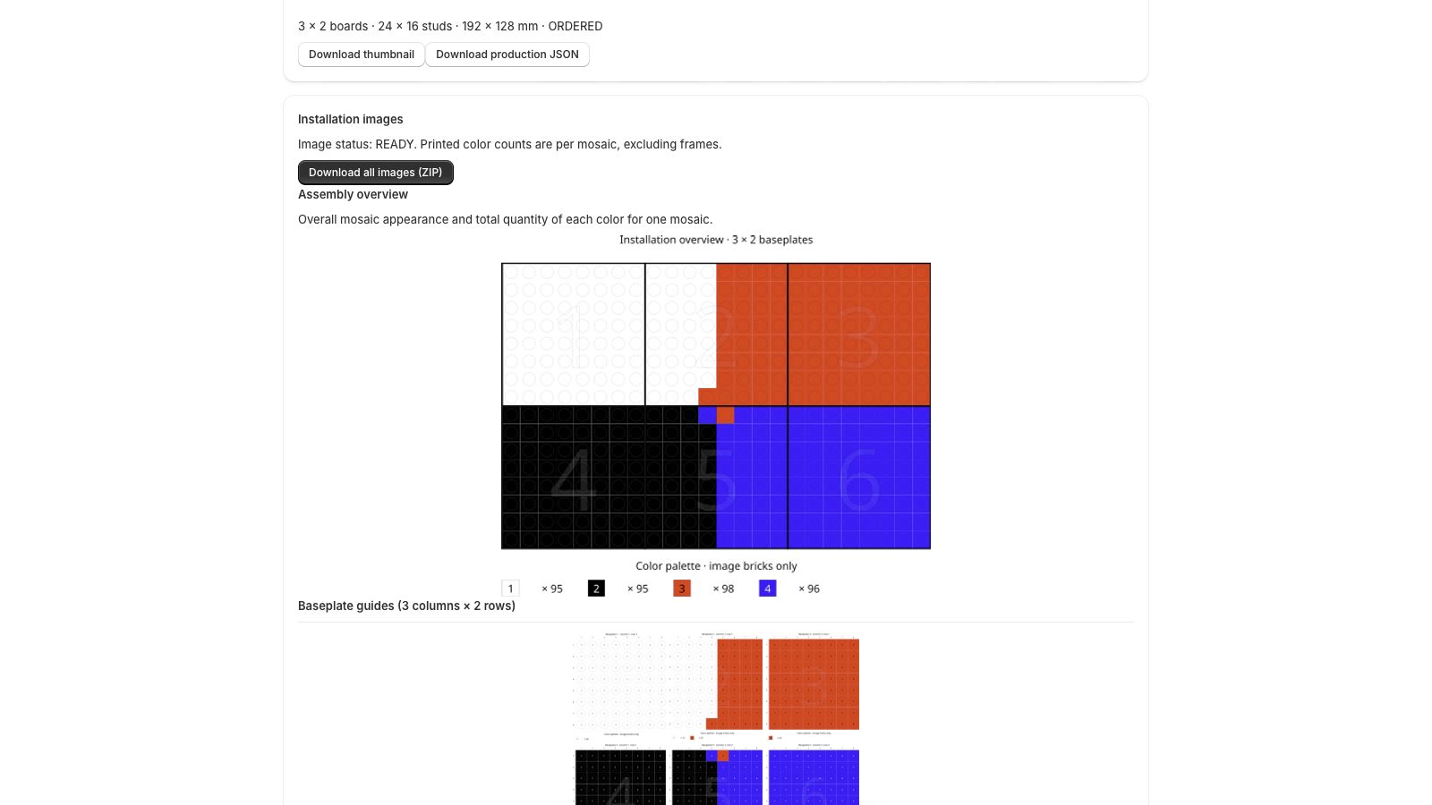 Assembly overview with color quantities and six numbered baseplate guides